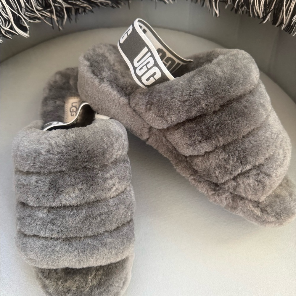 UGG Women's Grey Plush Slide With Logo Backstrap